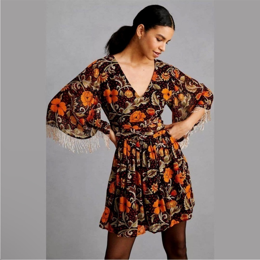 NEW Anthropologie Verb by Pallavi Singhee Mini Dress Small Beaded Fringe Trim‍‍